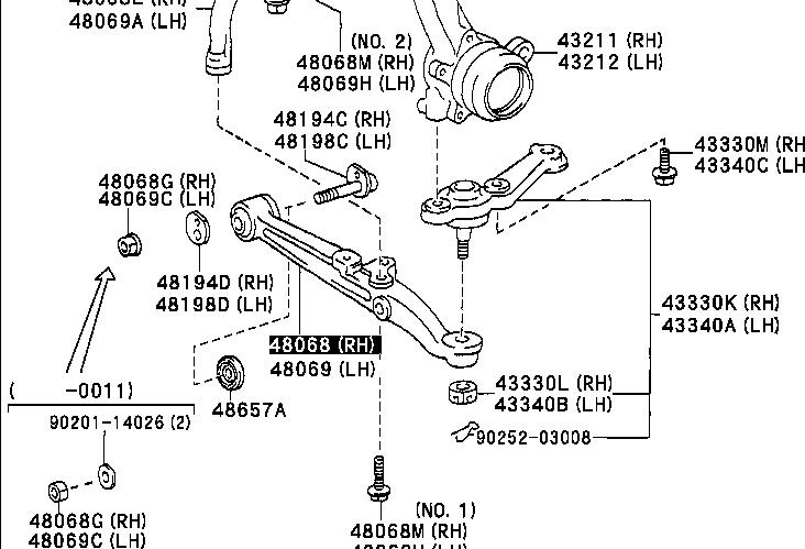 4806859025 Toyota Braço oscilante inferior direito de suspensão dianteira