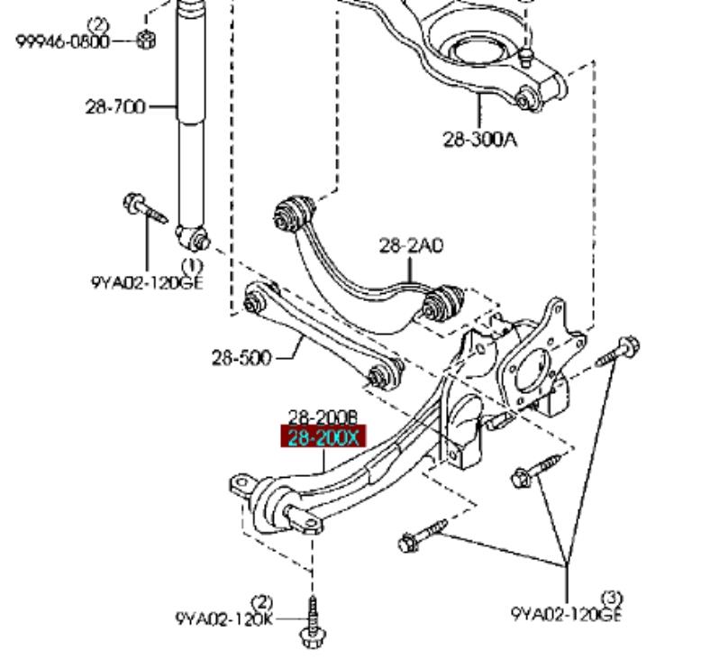 BP4K28250J Mazda Braço oscilante (tração) longitudinal inferior esquerdo de suspensão traseira