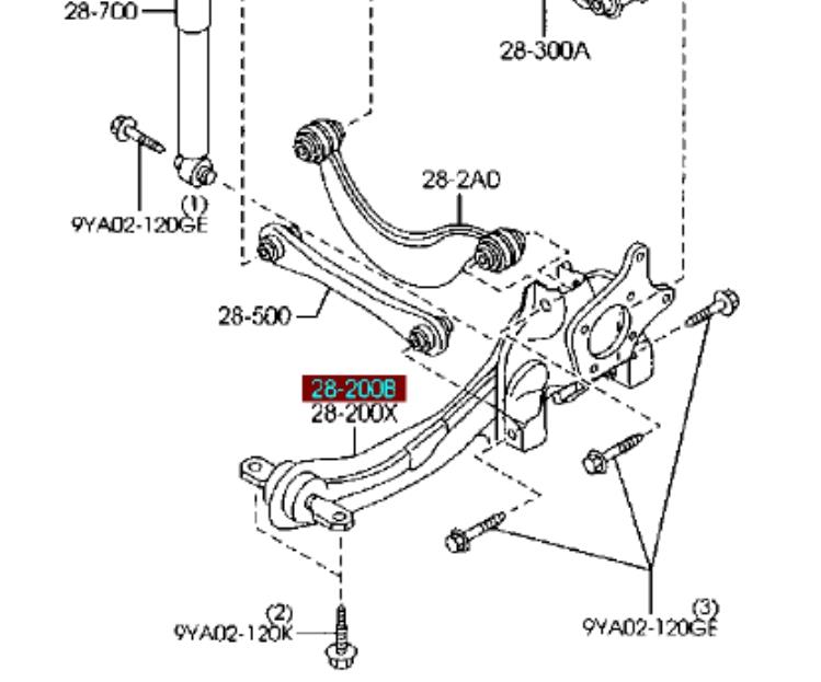 Braço oscilante (tração) longitudinal inferior direito de suspensão traseira Mazda BP4K28200J preço, a partir de 96,73 USD