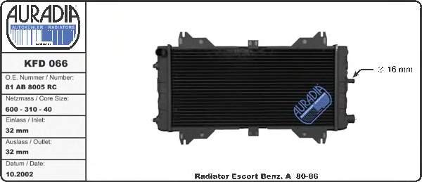 Radiador de esfriamento de motor para Ford Escort III ALD