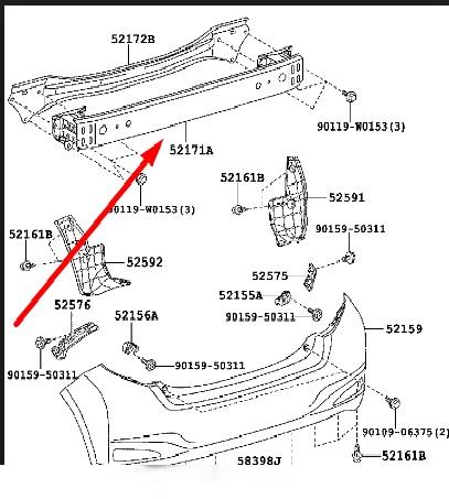 520230D080 Toyota Reforçador do pára-choque traseiro