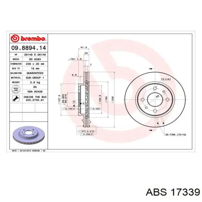 Disco do freio dianteiro ABS 17339 preço, a partir de 31,05 USD