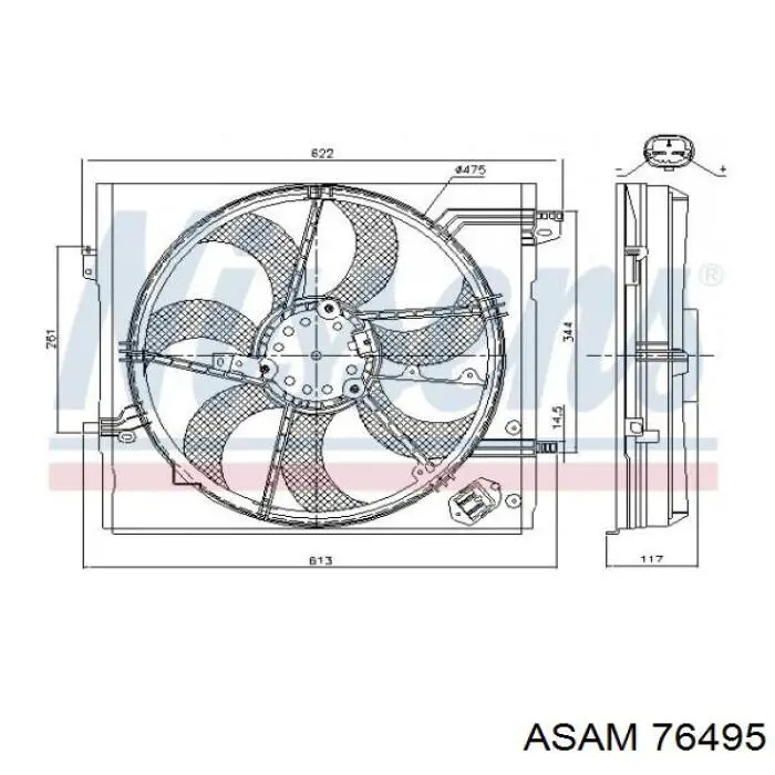 76495 Asam Difusor do radiador de esfriamento, montado com motor e roda de aletas