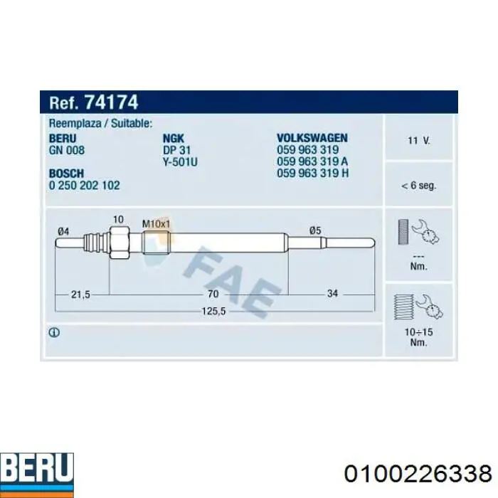 Vela de incandescência Beru 0100226338 preço, a partir de 10,79 USD