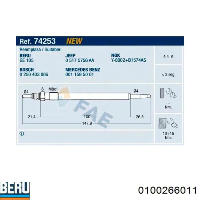 Vela de incandescência 0100266011 Beru