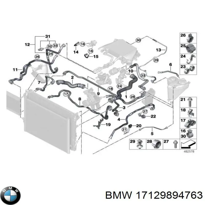 Mangueira (cano derivado) inferior do radiador de esfriamento 17129894763 BMW