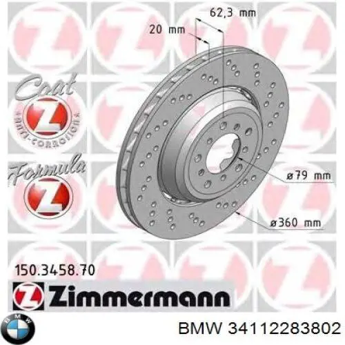 Disco do freio traseiro 34112283802 BMW