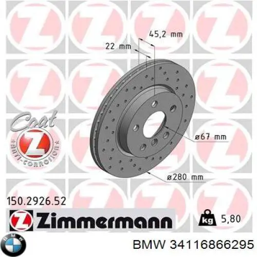 Disco do freio dianteiro BMW 34116866295 preço, a partir de 45,96 USD