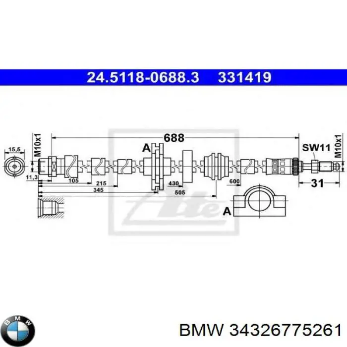 34326775261 BMW Mangueira do freio dianteira