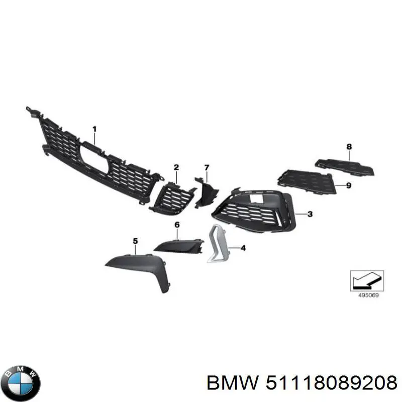 51118089208 BMW Moldura direita de grelha do pára-choque dianteiro