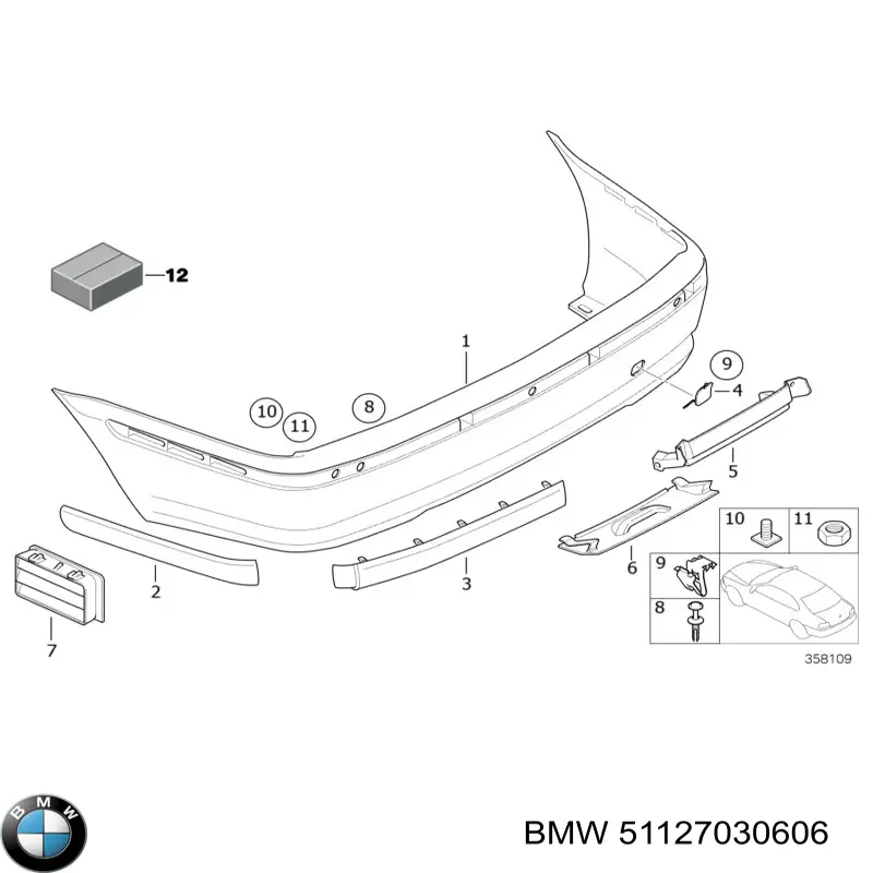 Placa sobreposta do pára-choque traseiro 51127030606 BMW