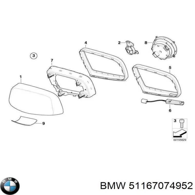 Elemento espelhado do espelho de retrovisão direito BMW 51167074952 preço, a partir de 20,11 USD