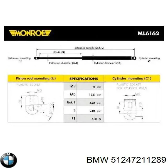 Amortecedor de tampa de porta-malas (de 3ª/5ª porta traseira) BMW 51247211289 preço, a partir de 19,77 USD