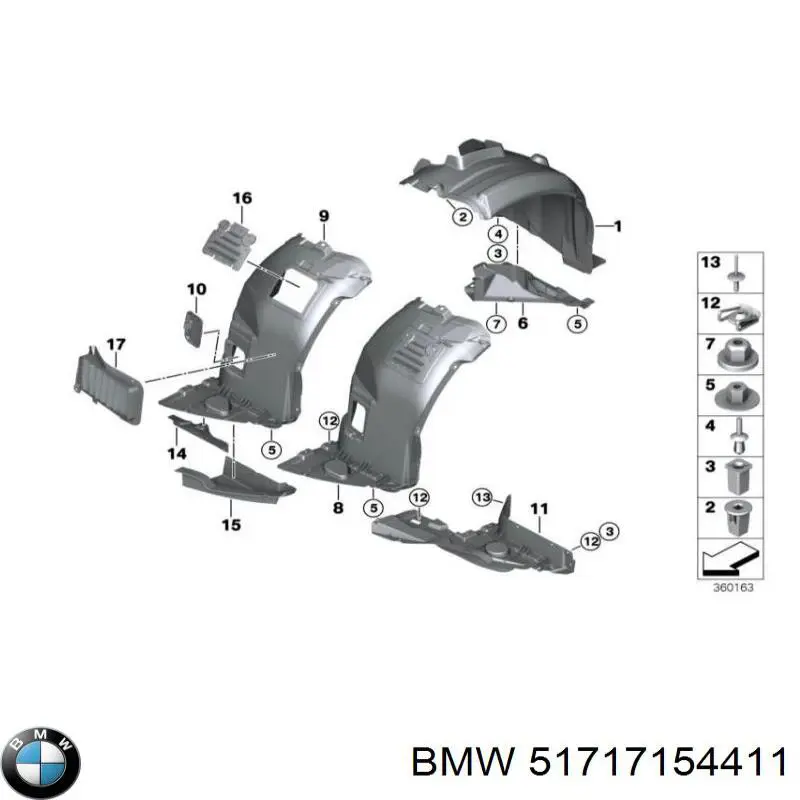51717154411 BMW Guarda-barras esquerdo traseiro do pára-lama dianteiro