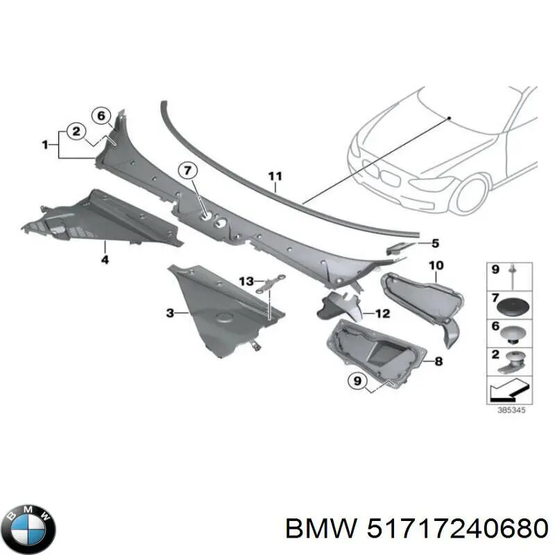 Grelha esquerda de limpadores de pára-brisa BMW 51717240680 preço, a partir de 63,69 USD