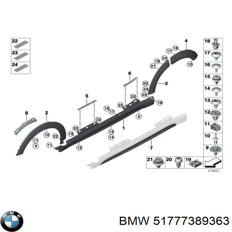 51777389363 BMW Expansor esquerdo (placa sobreposta) de arco do pára-lama traseiro