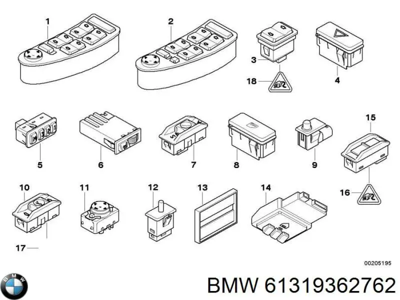 61319362762 BMW Unidade de botões dianteira esquerda de controlo de elevador de vidro