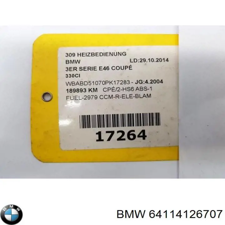 Compre 64114126707 BMW Unidade de controlo dos modos de aquecimento/condicionamento