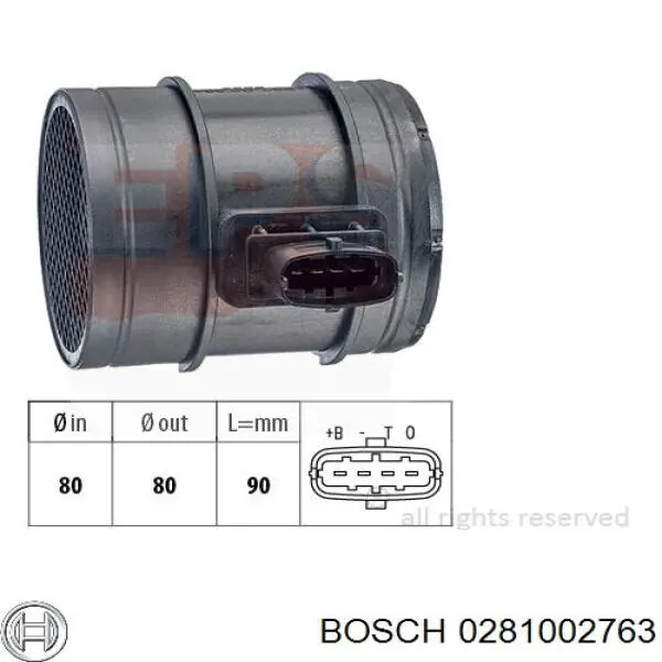 0281002763 Bosch Sensor de fluxo (consumo) de ar, medidor de consumo M.A.F. - (Mass Airflow)