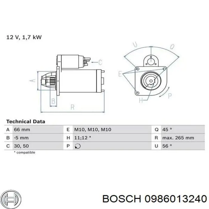 Motor de arranco Bosch 0986013240 preço, a partir de 170,88 USD