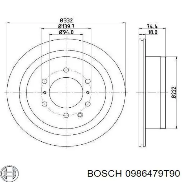 Disco do freio traseiro 0986479T90 Bosch