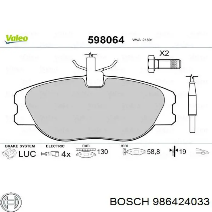 Sapatas do freio dianteiras de disco 986424033 Bosch