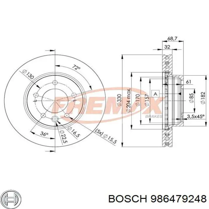 Disco do freio dianteiro 986479248 Bosch
