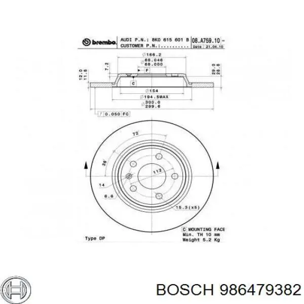 Disco do freio traseiro 986479382 Bosch