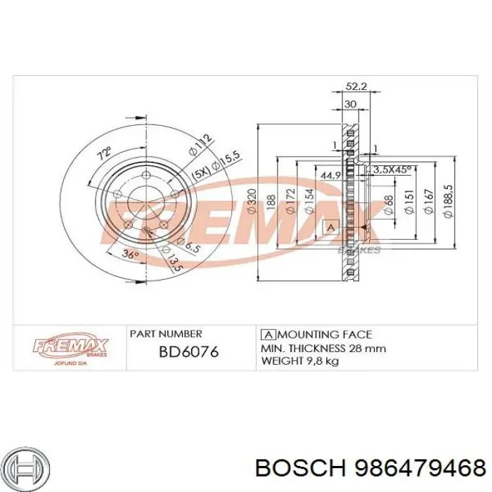 986479468 Bosch Disco do freio dianteiro