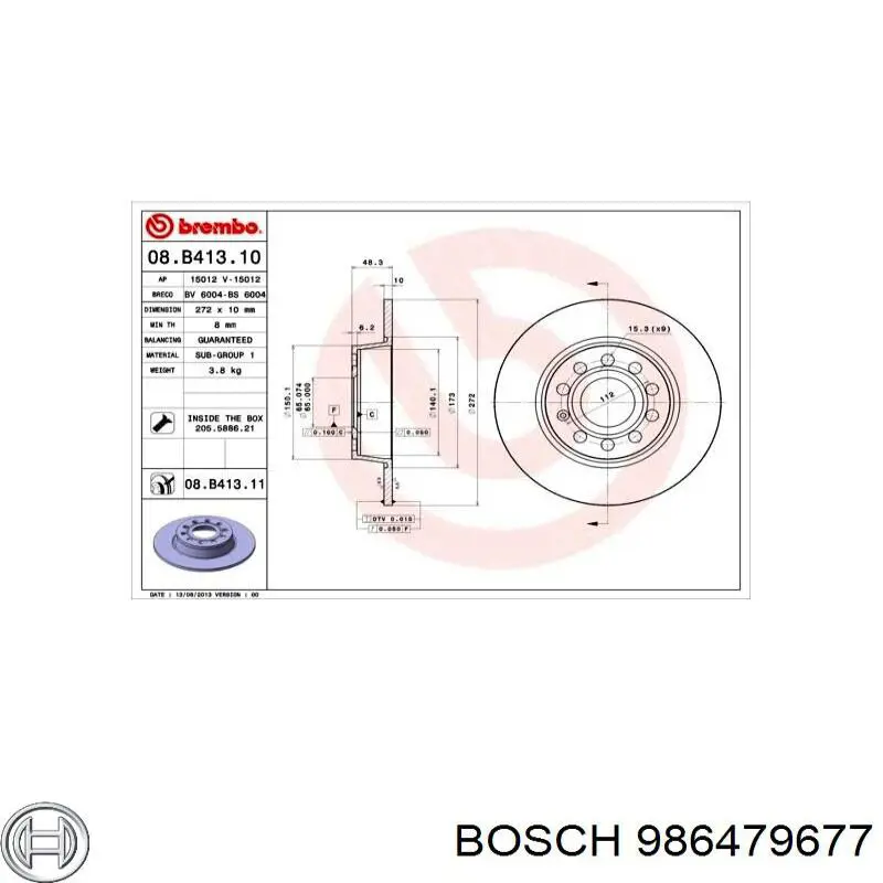 Disco do freio traseiro 986479677 Bosch
