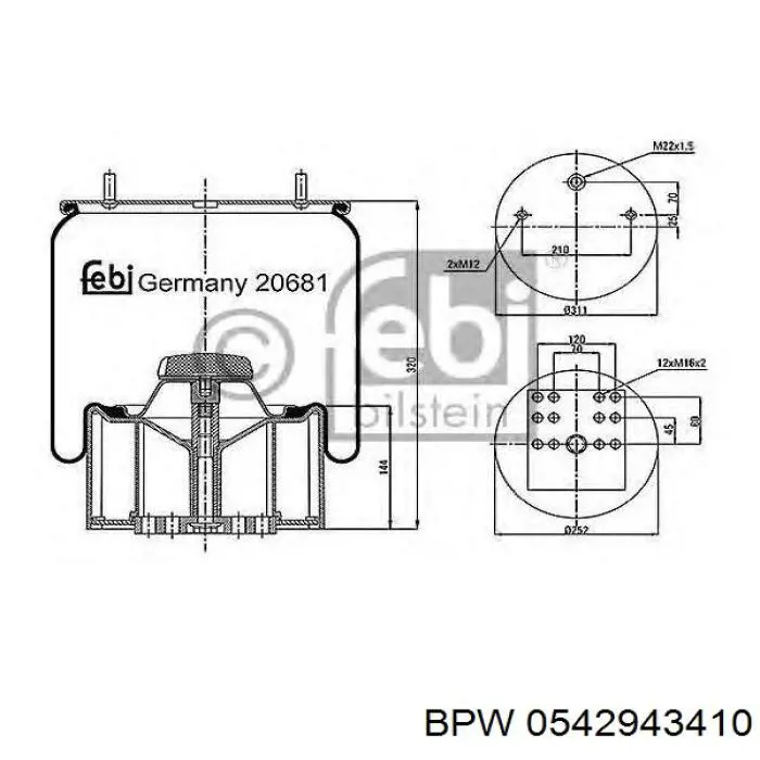 0542943410 BPW Coxim pneumático (suspensão de lâminas pneumática) do eixo