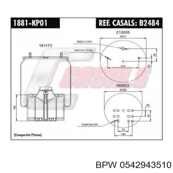 Coxim pneumático (suspensão de lâminas pneumática) do eixo 0542943510 BPW