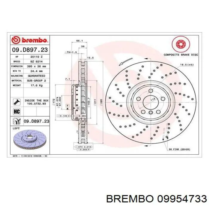 Disco do freio dianteiro Brembo 09954733 preço, a partir de 438,86 USD