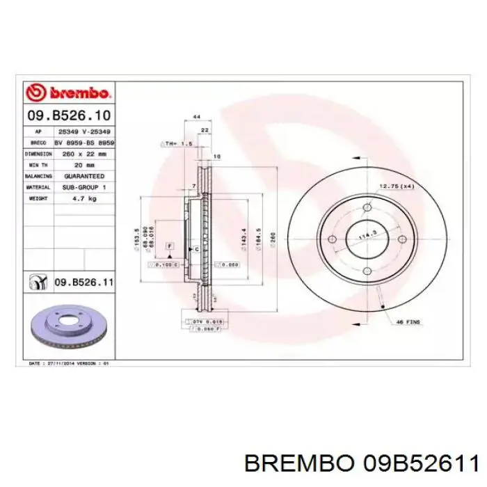 Disco do freio dianteiro Brembo 09B52611 preço, a partir de 48,56 USD