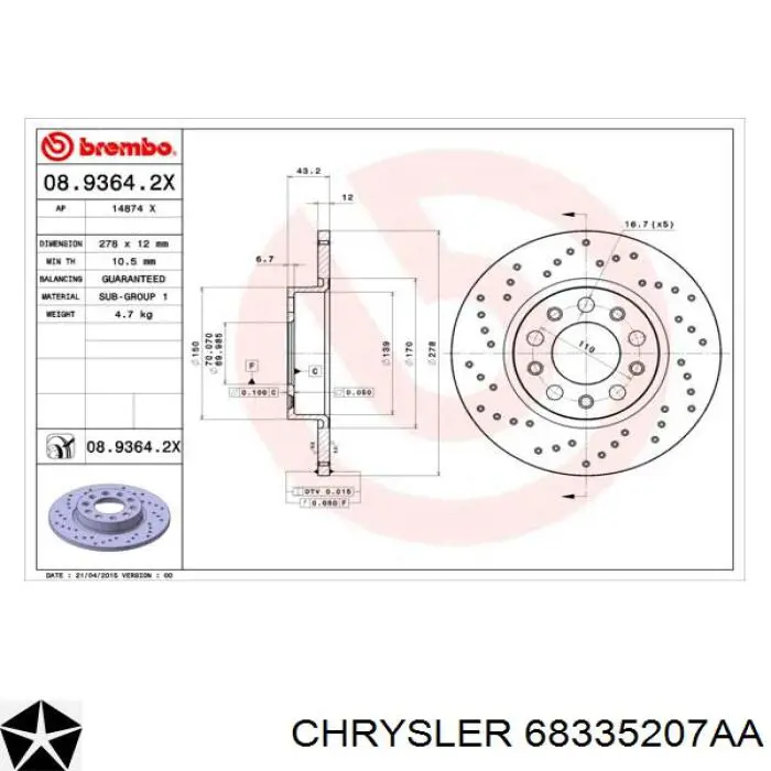 68335207AA Chrysler Disco do freio traseiro