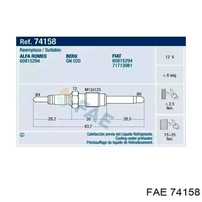 Vela de aquecimento do fluido de esfriamento FAE 74158 preço, a partir de 18,60 USD