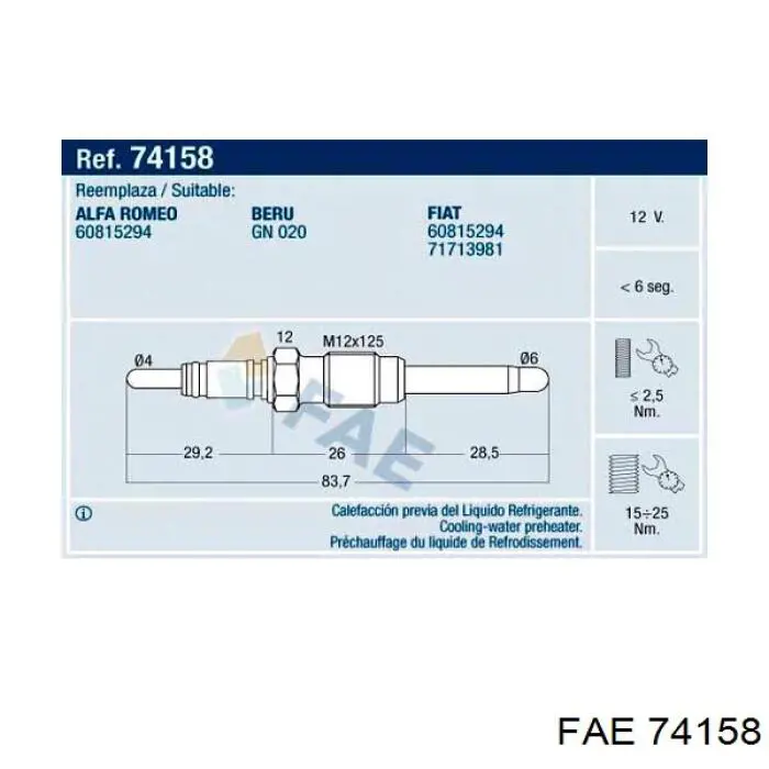 Compre 74158 FAE Vela de aquecimento do fluido de esfriamento