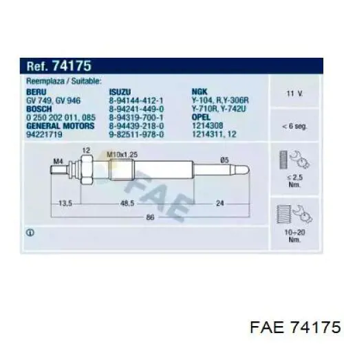 Vela de incandescência FAE 74175 preço, a partir de 12,73 USD