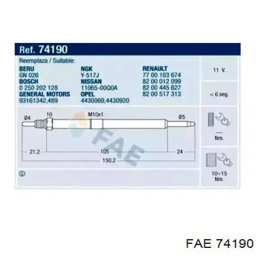 Vela de incandescência FAE 74190 preço, a partir de 15,55 USD