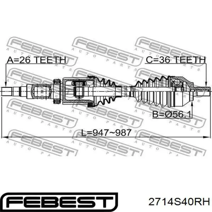 Semieixo (acionador) dianteiro direito Febest 2714S40RH preço, a partir de 138,15 USD