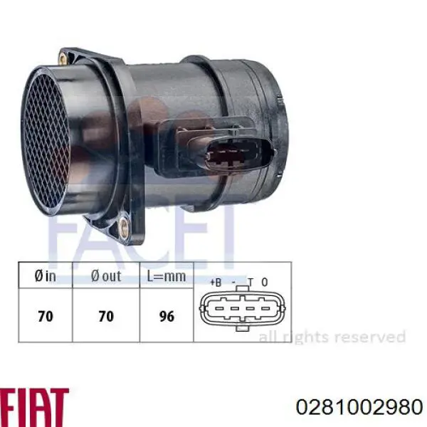 0281002980 Fiat/Alfa/Lancia Sensor de fluxo (consumo) de ar, medidor de consumo M.A.F. - (Mass Airflow)