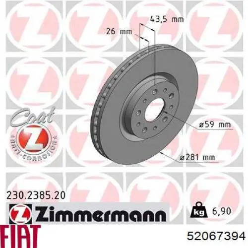 Disco do freio dianteiro Fiat/Alfa/Lancia 52067394