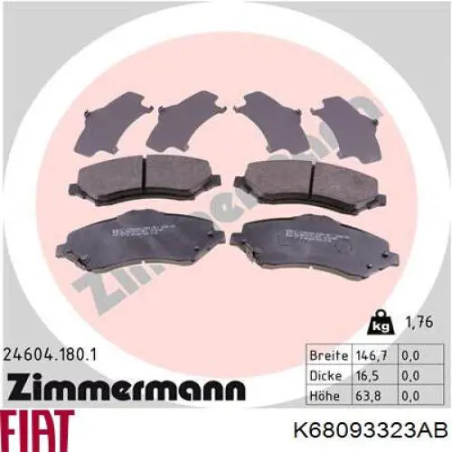 Sapatas do freio dianteiras de disco K68093323AB Fiat/Alfa/Lancia
