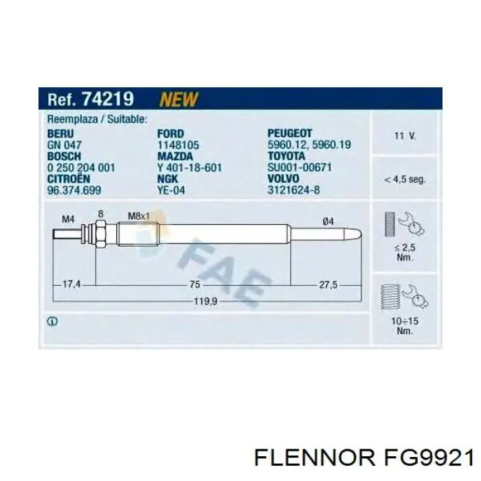 FG9921 Flennor Vela de incandescência