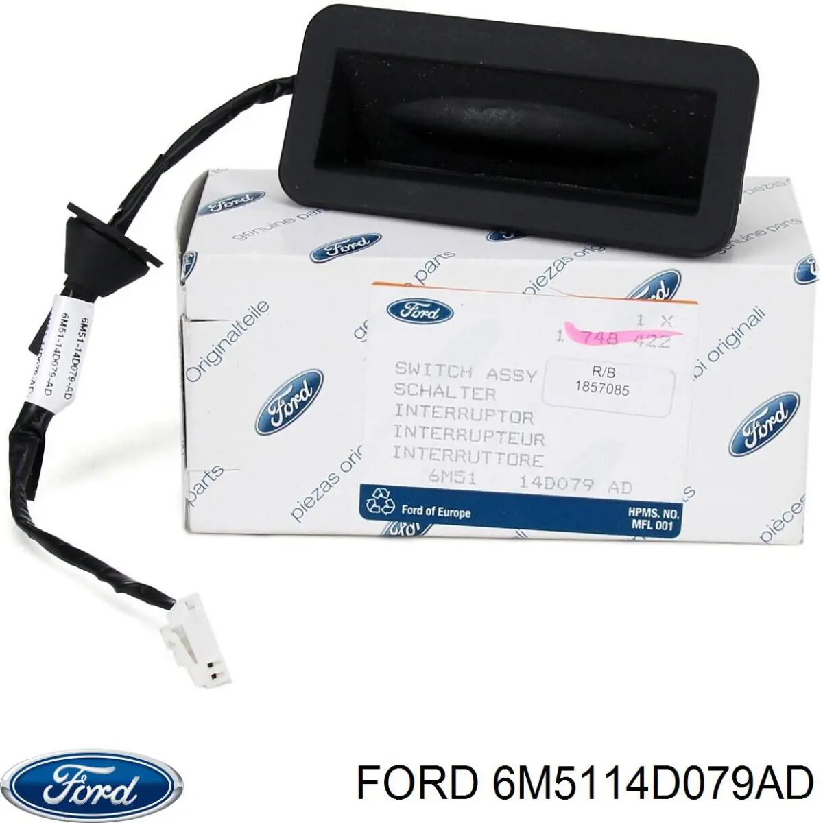 6M5114D079AD Ford Botão de acionamento do fecho de tampa de porta-malas (de 3ª/5ª porta (de tampa de alcapão)