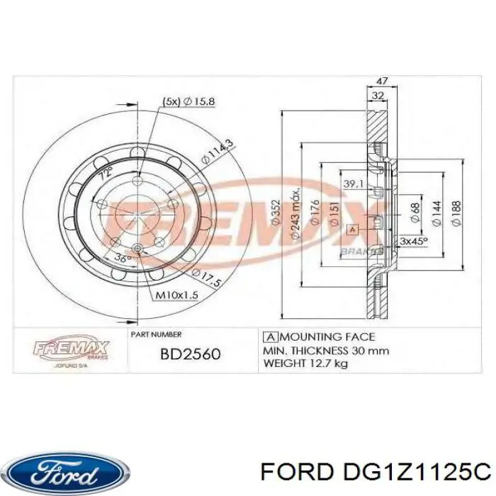 G2MZ1V125VA Ford Disco do freio dianteiro