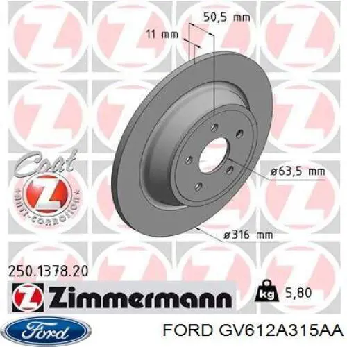 GV612A315AA Ford Disco do freio traseiro