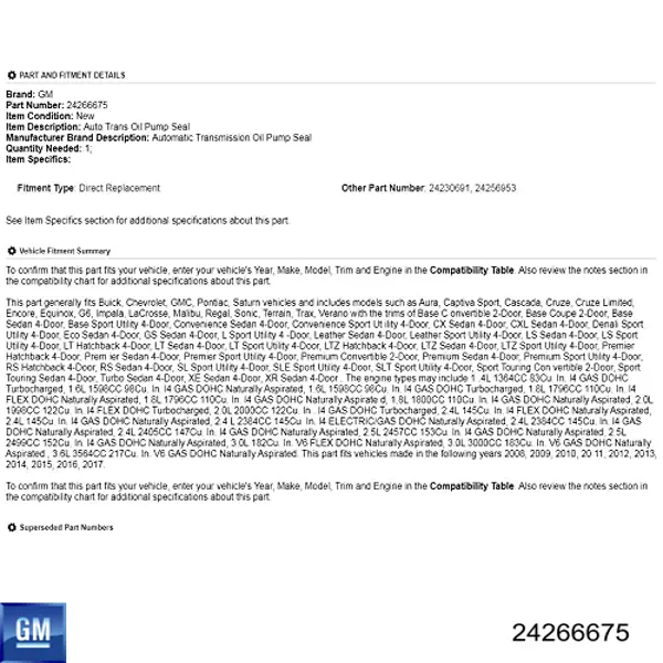 24266675 General Motors Kit de reparação de conversor de binário da Caixa Automática de Mudança