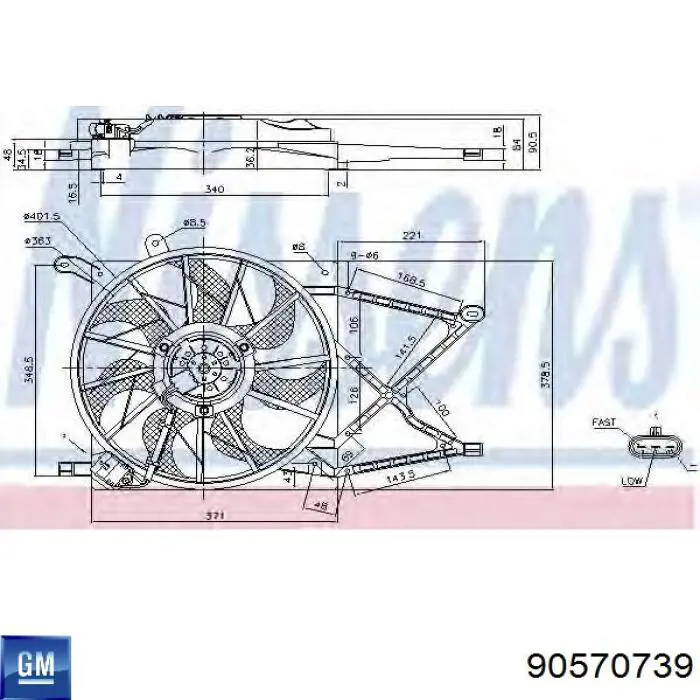 Ventilador elétrico de esfriamento montado (motor + roda de aletas) General Motors 90570739
