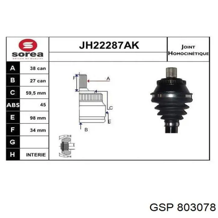 Junta homocinética externa dianteira GSP 803078 preço, a partir de 52,82 USD